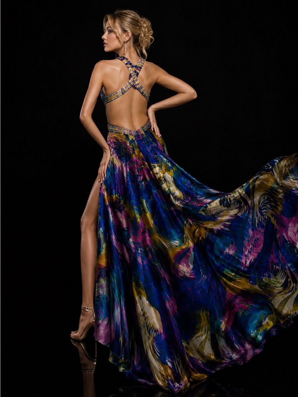 La Femme Size 2 Multicolor Prom Dress Abstract Print Beaded Formal Maxi Gown